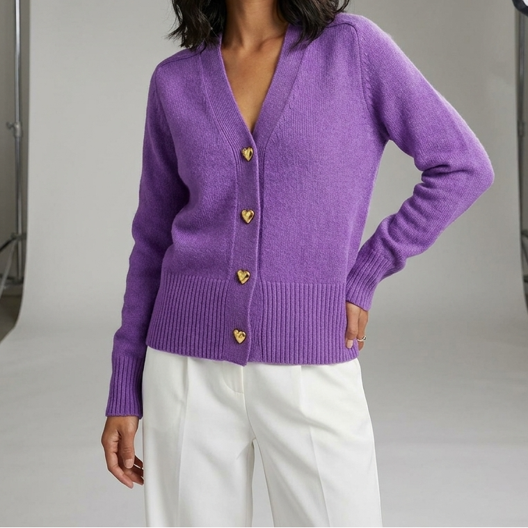 V-Neck Heart Button Front Knit Cardigan