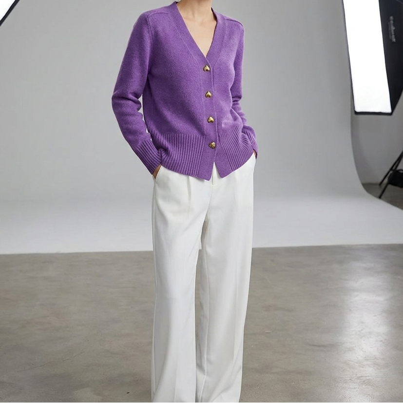 V-Neck Heart Button Front Knit Cardigan
