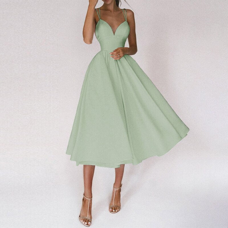 Double Strap Deep V-Neck Cinched Waist Fit and Flare Midi Cocktail Dress