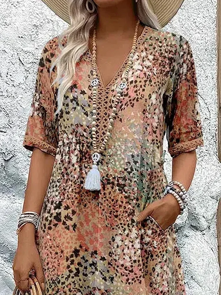 Animal Print V-Neck Short Sleeve Pocket Tiered Midi Dress