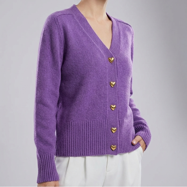 V-Neck Heart Button Front Knit Cardigan
