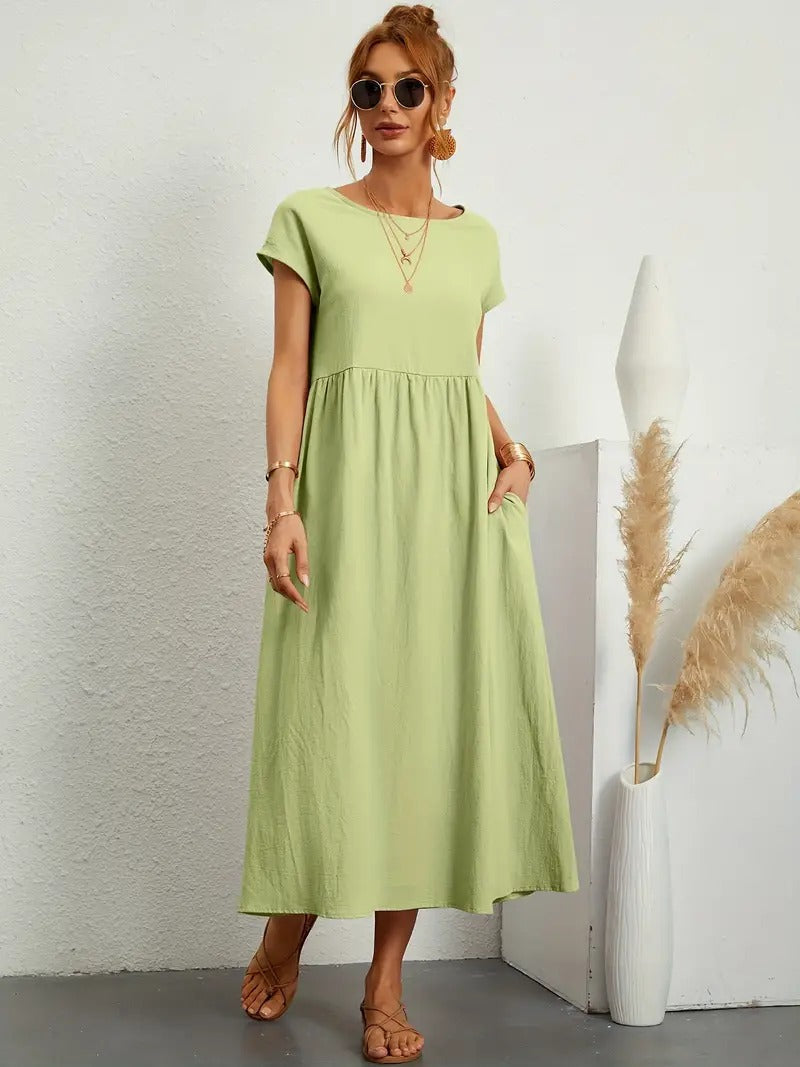 Crew Neck Cap Sleeve Empire Waist Pocket A-Line Midi Smock Dress