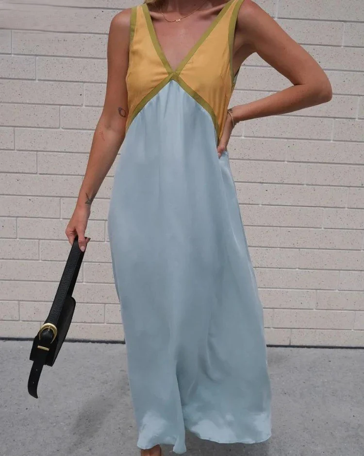 Deep V-Neck Contrast Trim Sleeveless Satin Slip Midi Dress