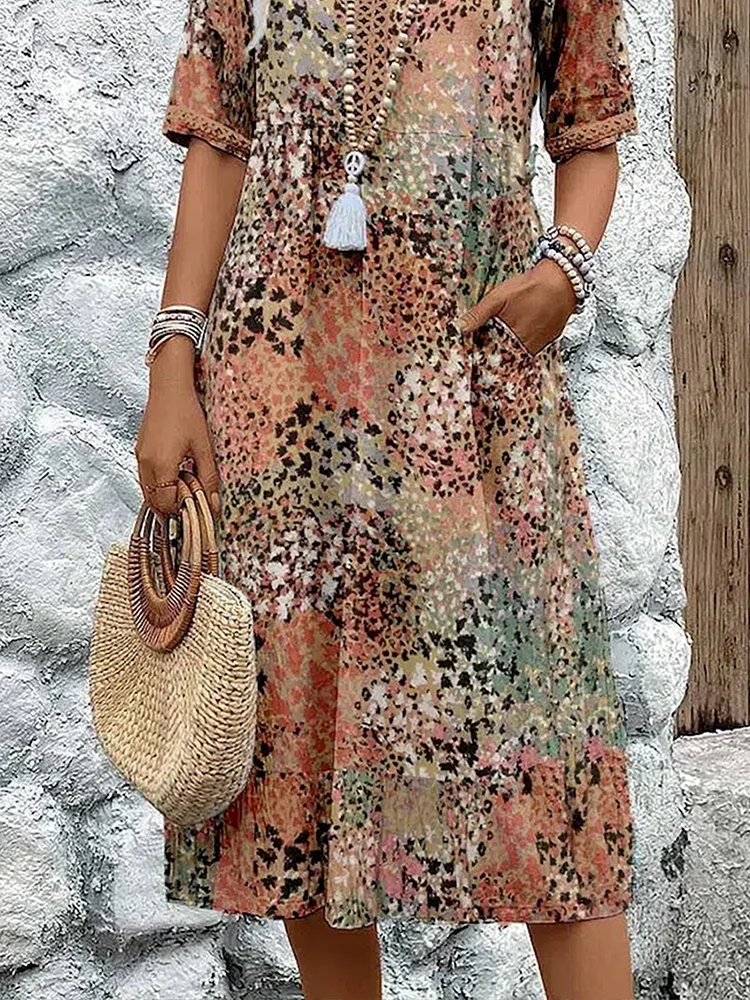Abstract Print V-Neck Short Sleeve Tiered Midi Dress