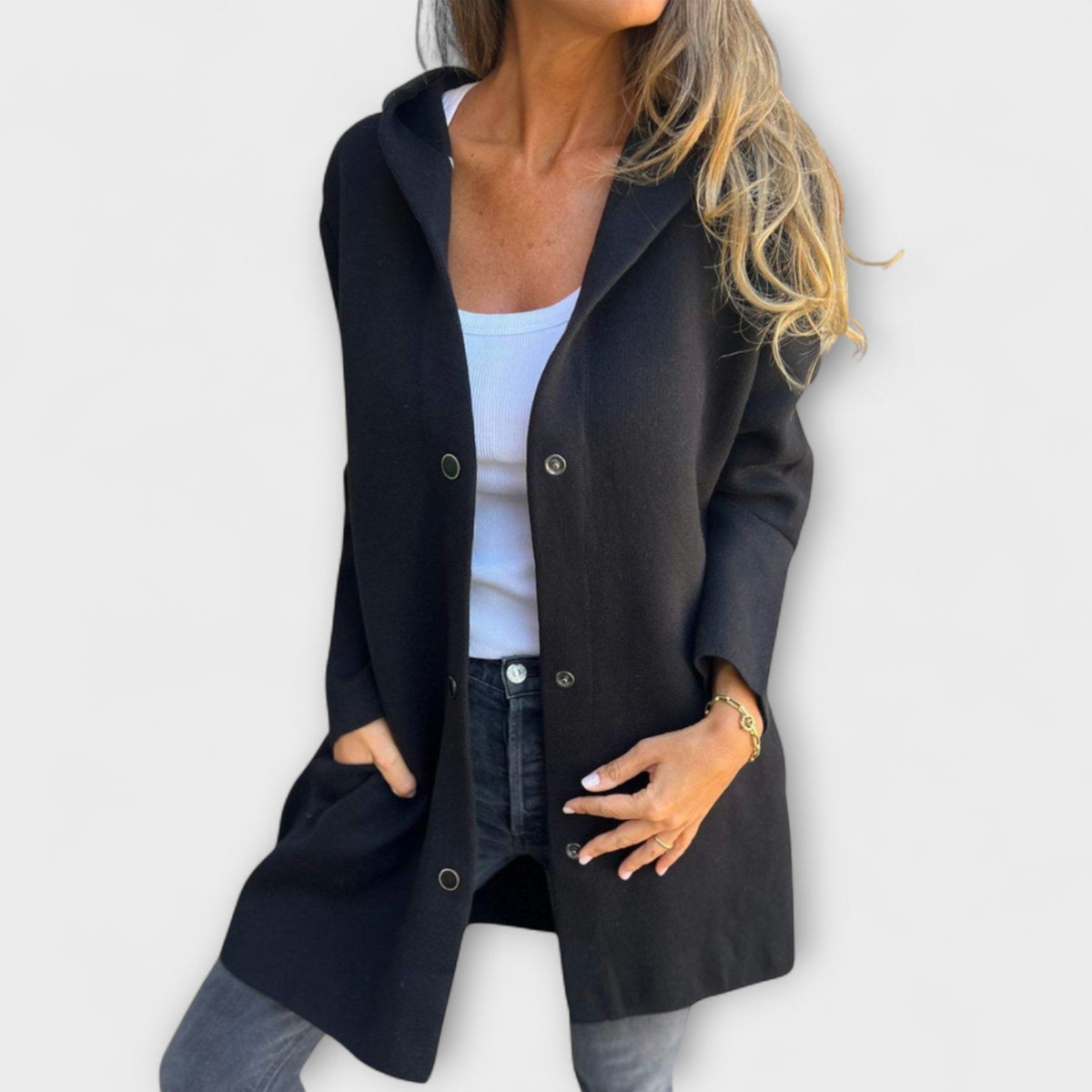 Hooded Button Front Longline Knit Coat