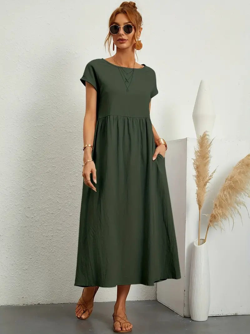 Cap Sleeve Round Neck Smocked Empire Waist Pocket Midi Dress