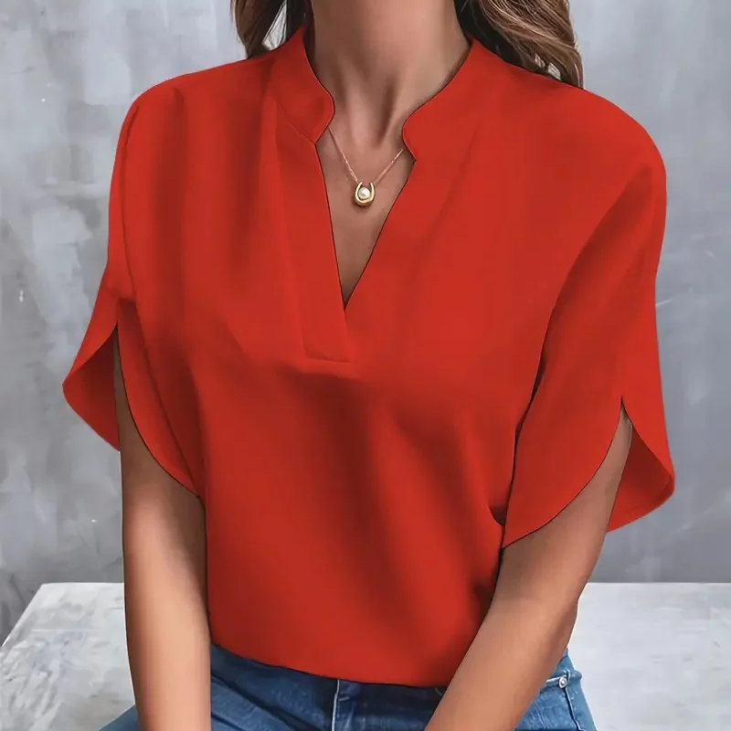 Notch Neck Short Sleeve Blouse