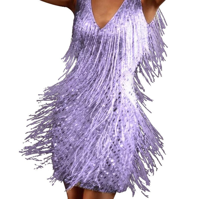 Sequin Deep V-Neck Fringe Hem Bodycon Mini Party Dress