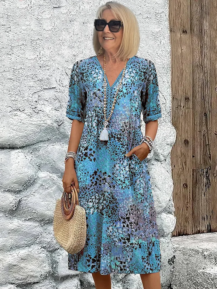 Leopard Print V-Neck Short Sleeve Tiered Pocket Midi Dress 3