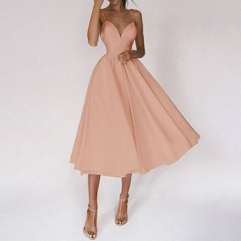 Double Strap Deep V-Neck Cinched Waist Fit and Flare Midi Cocktail Dress
