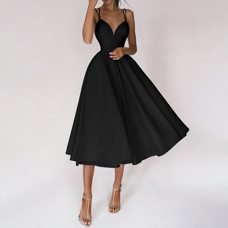 Double Strap Deep V-Neck Cinched Waist Fit and Flare Midi Cocktail Dress