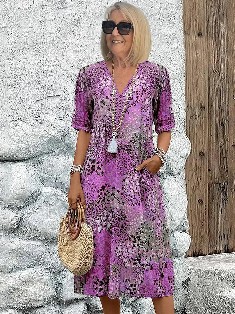 Floral V-Neck Short Sleeve Tiered Midi Dress 4
