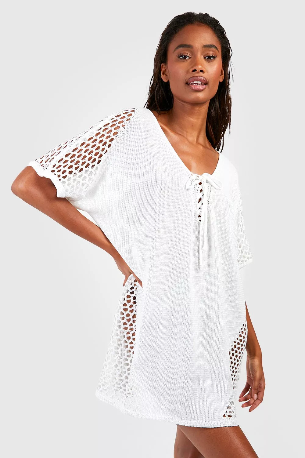 Knit Crochet Panel Short Sleeve Relaxed Mini Beach Dress