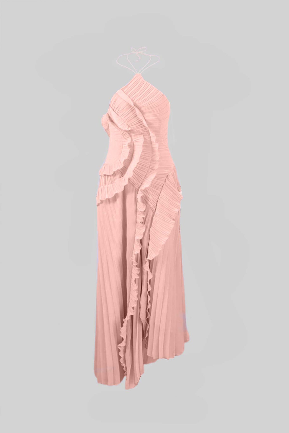 Pleated Halter Neck Rosette Cascading Ruffle Asymmetric Hem Midi Dress 3