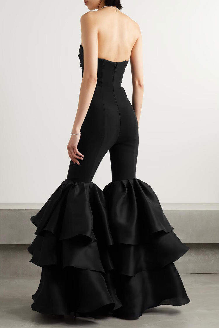 Dramatic Twist Sweetheart Neck Layered Ruffle Flare Leg Bandage Jumpsuit