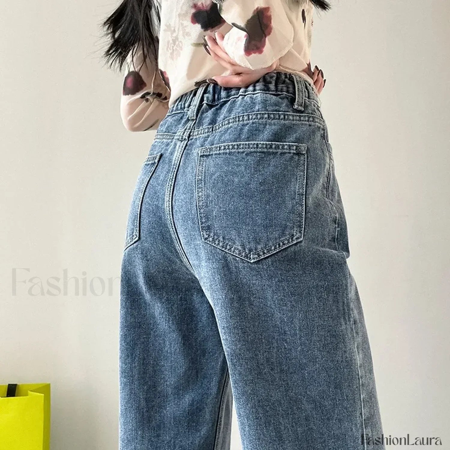 Draped Elastic Waist Wide Leg Denim Jeans