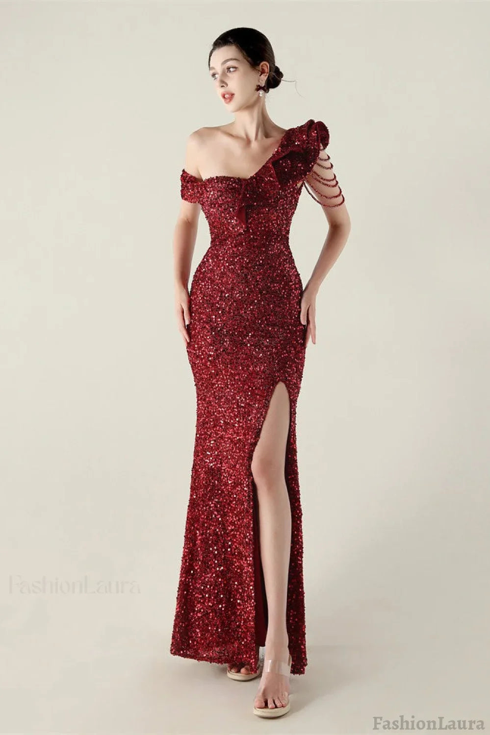 Draped One Shoulder Ruffle Formal Dress