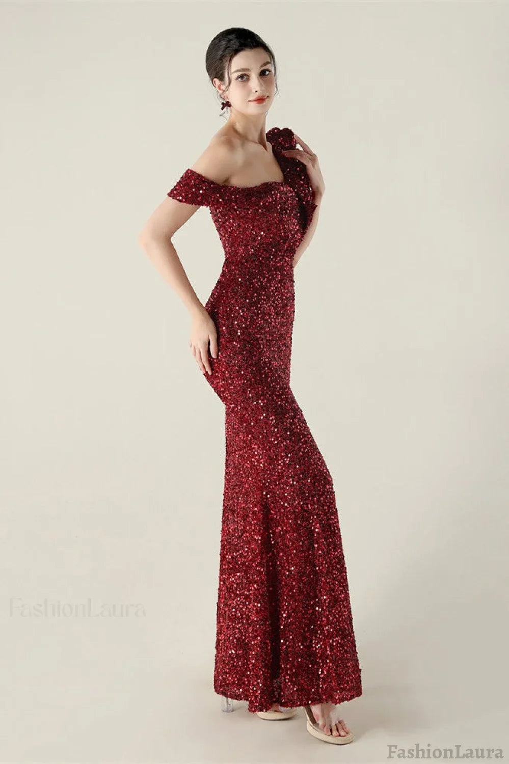 Draped One Shoulder Ruffle Formal Dress