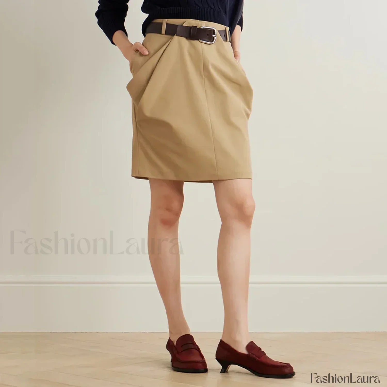 Draped Peplum Belted Cotton Skirt