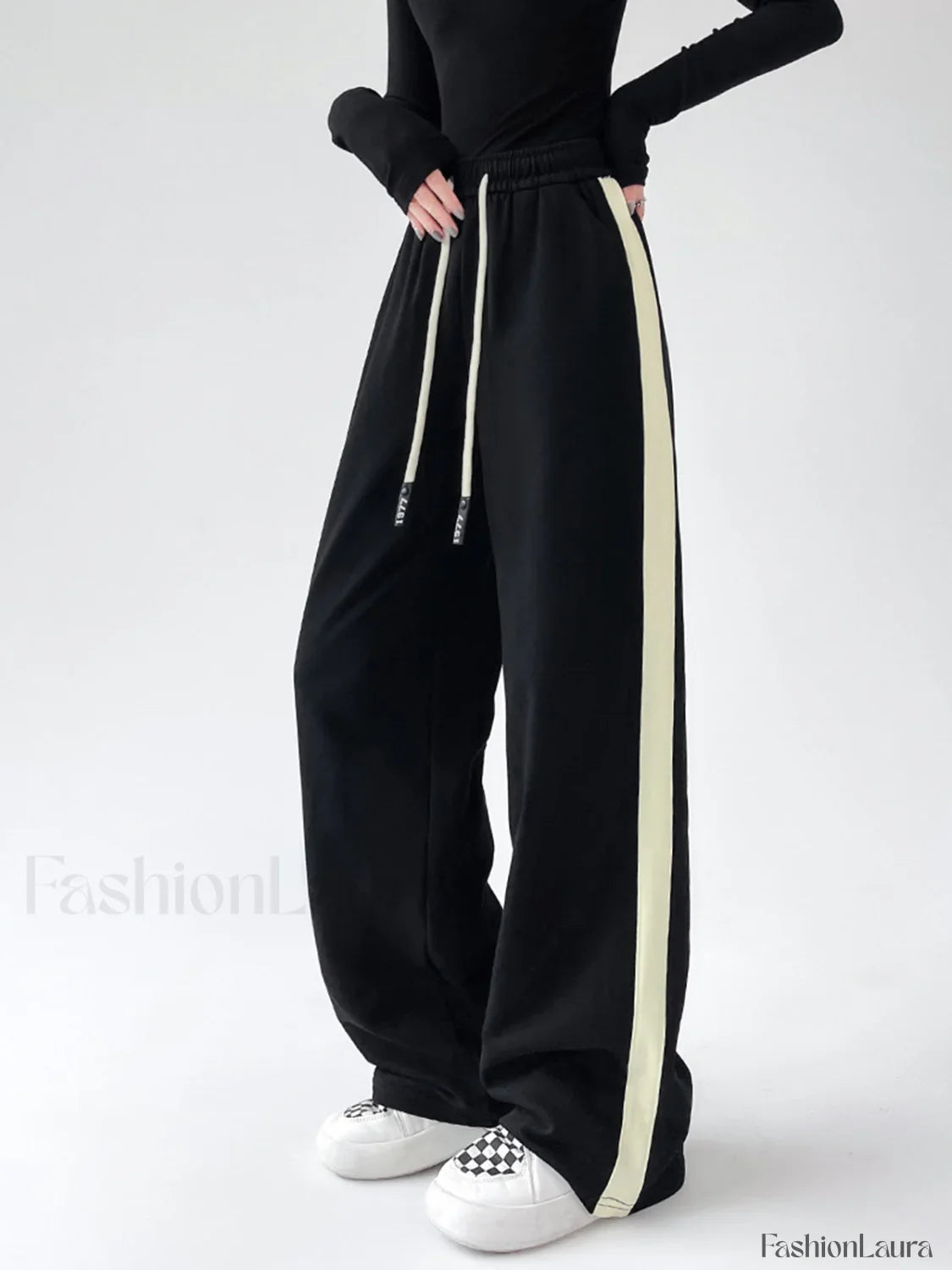 Drawstring Contrast Trim Trendy Wide Leg Sweatpants
