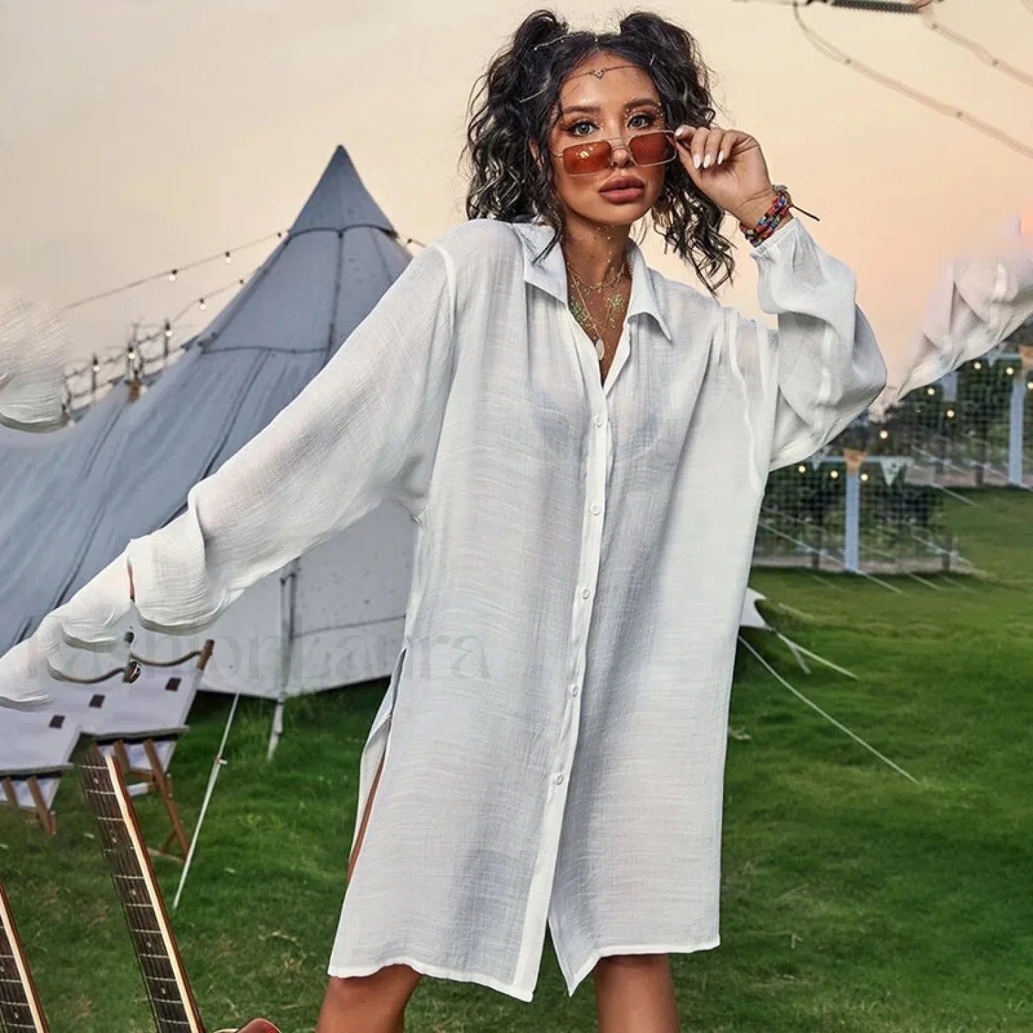 Drawstring Hollow Knit Dress Cover Up