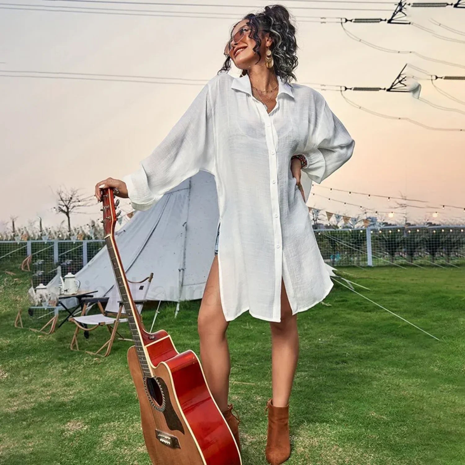 Drawstring Hollow Knit Dress Cover Up