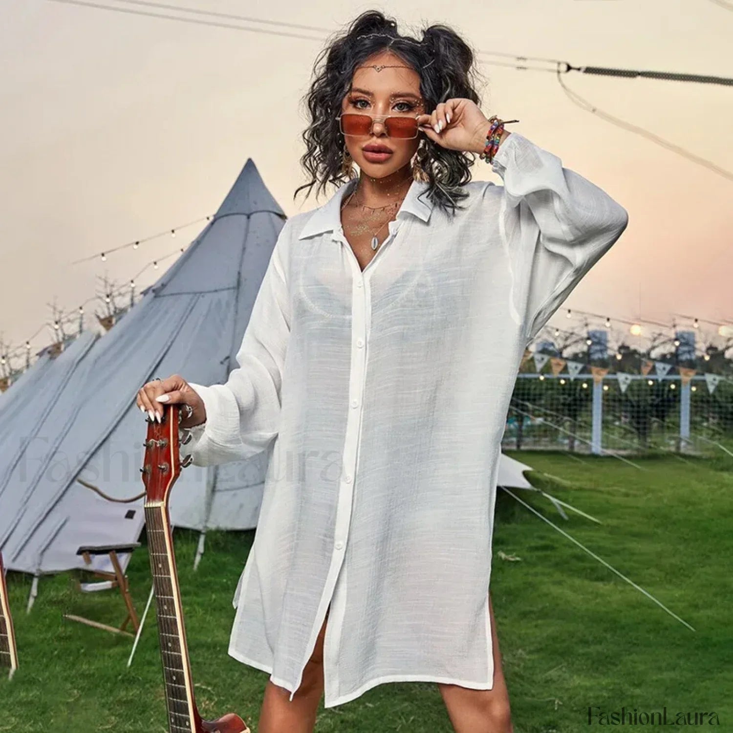 Drawstring Hollow Knit Dress Cover Up