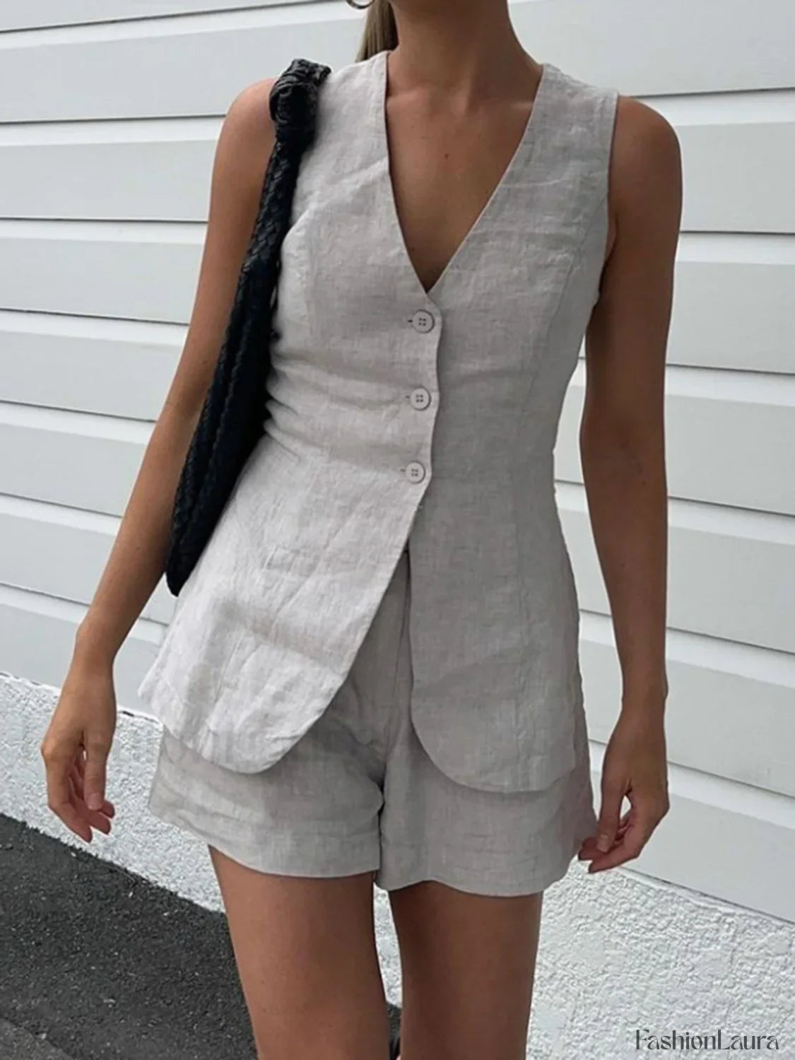 Drawstring Split Casual Shorts Set