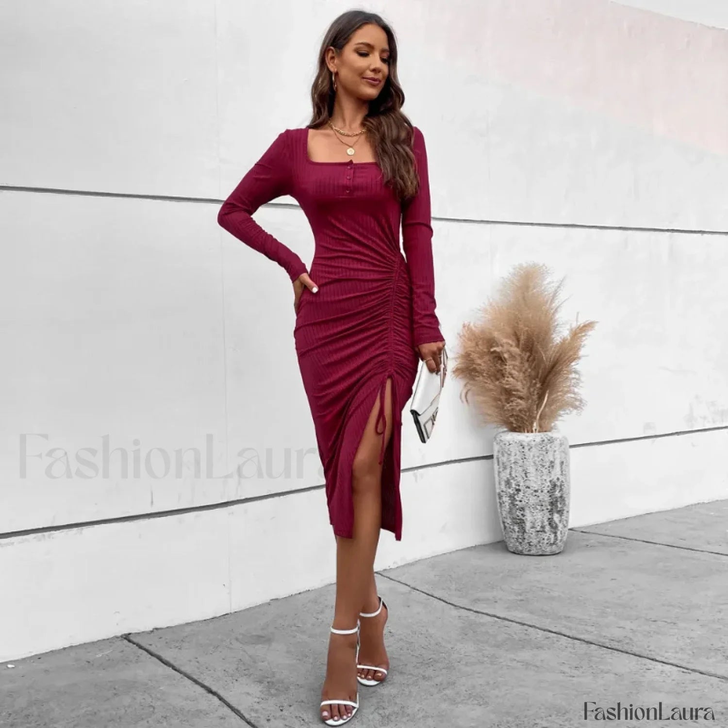 Drawstring Split Elegant High Waist Skinny A-Line Midi Dress