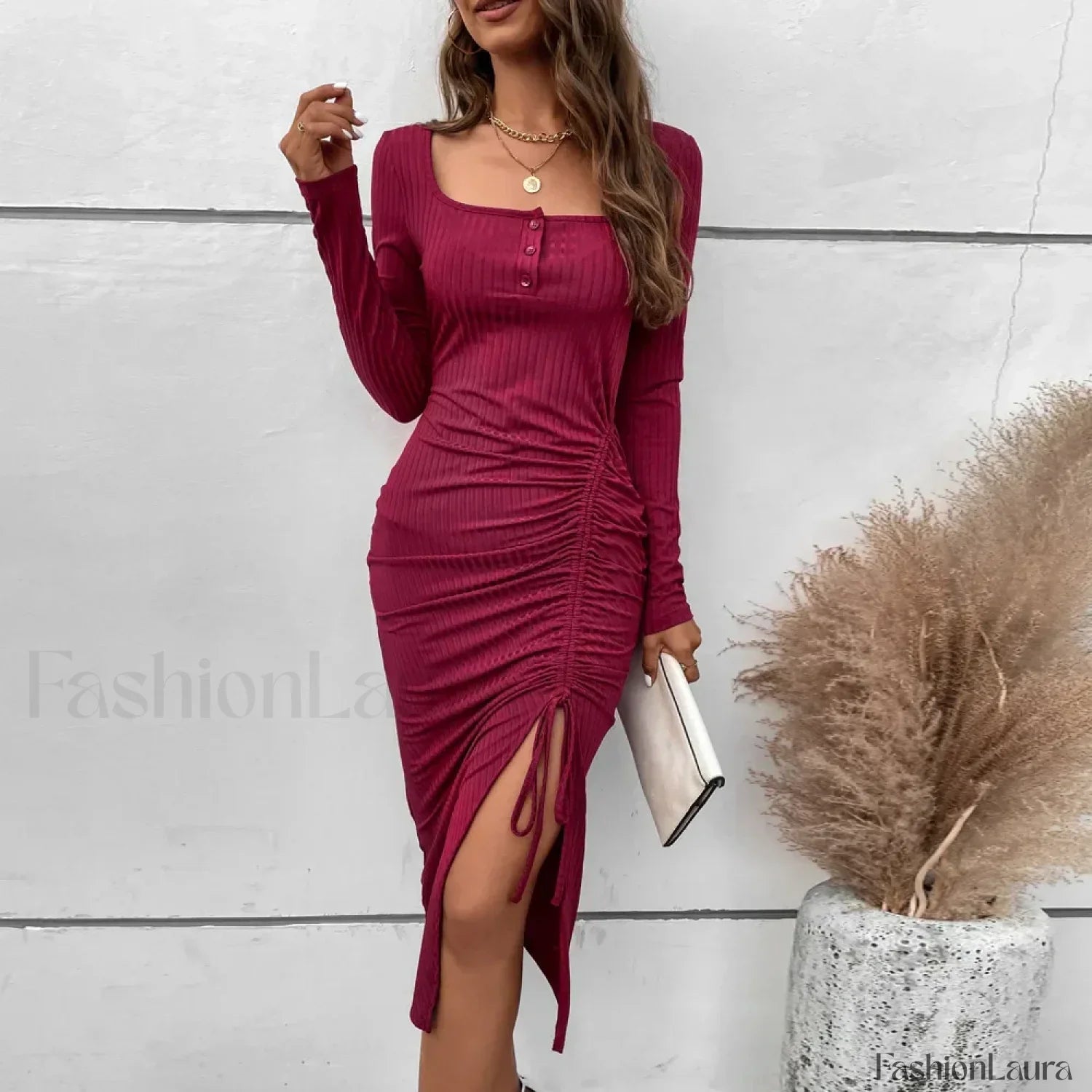 Drawstring Split Elegant High Waist Skinny A-Line Midi Dress