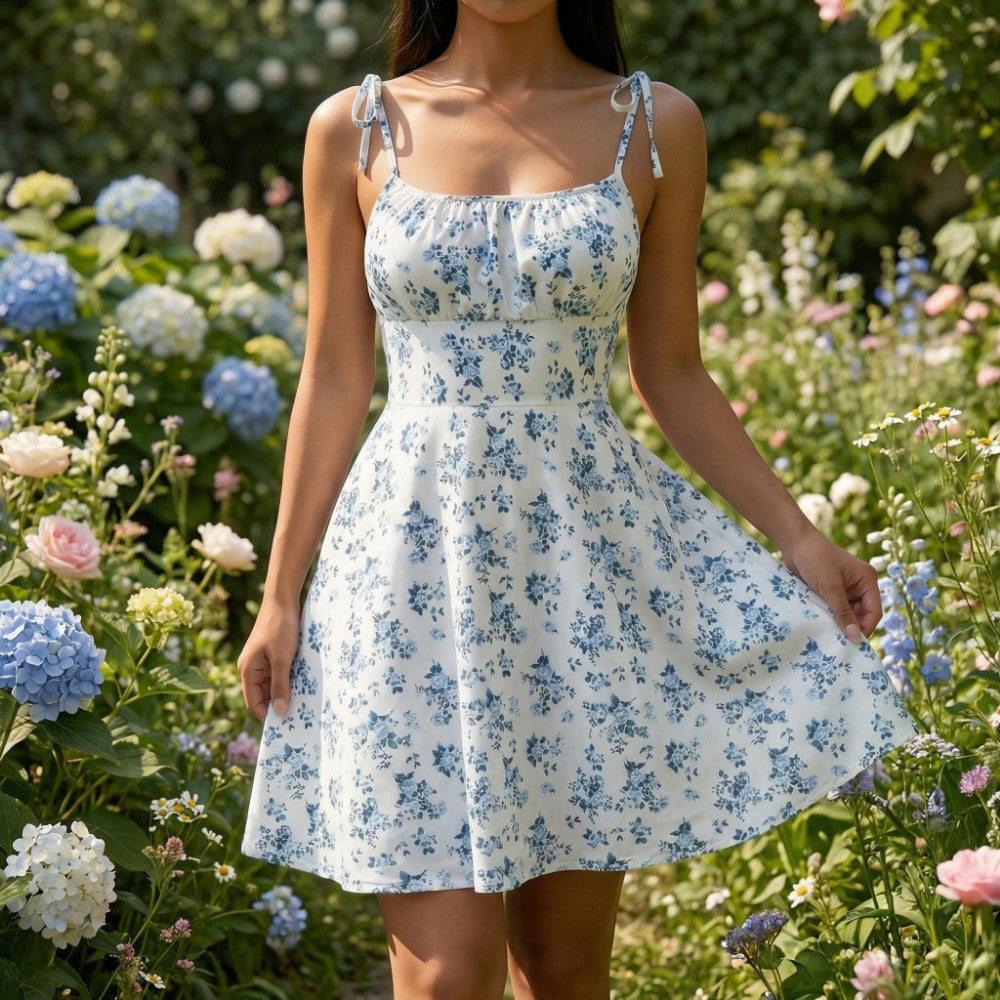 Floral Square Neck Fit and Flare Mini Dress Summer