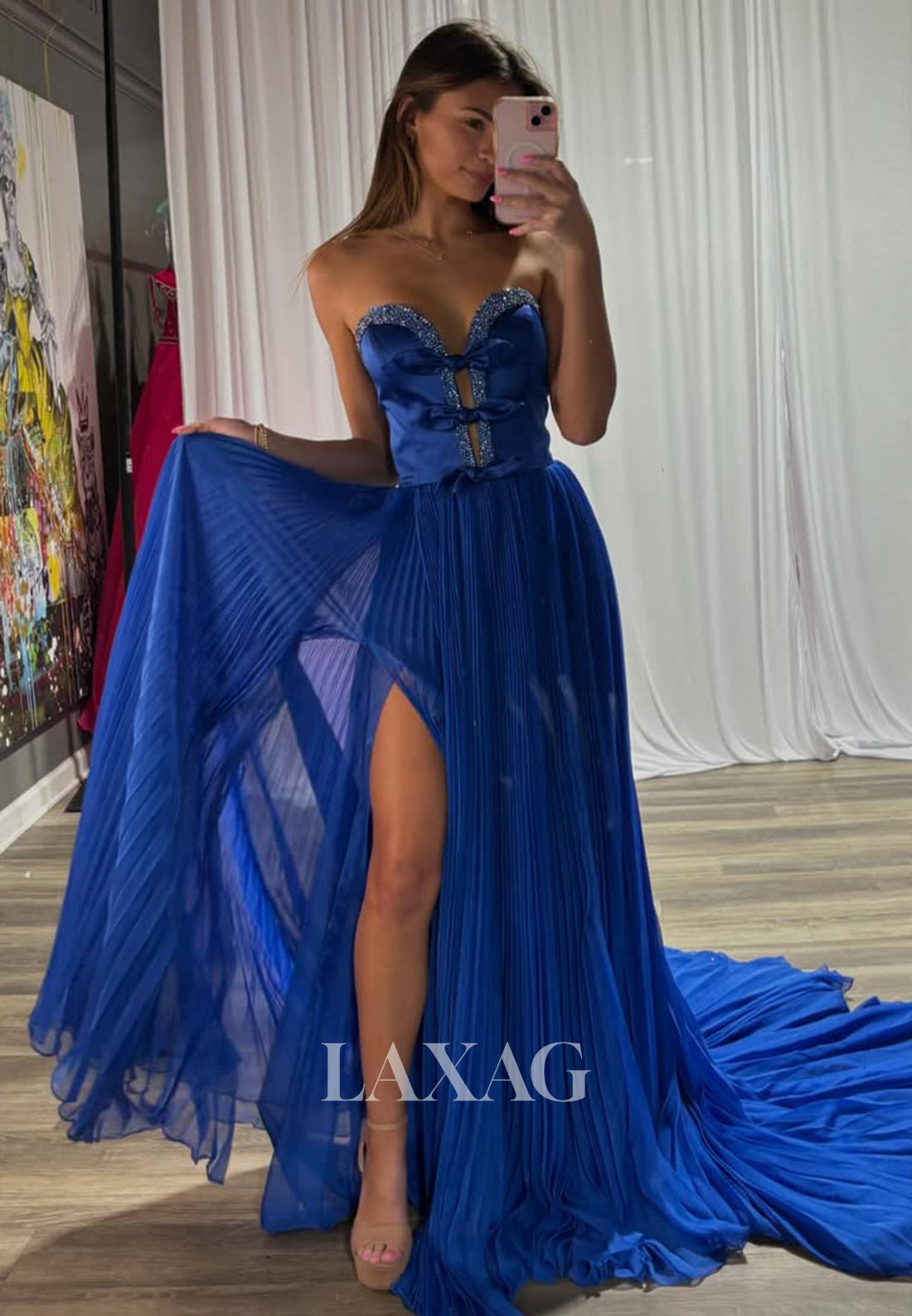 Plunging V-Neck Off-Shoulder Sleeveless Formal Gowns Beaded Pleated Chiffon Fitted Prom Dress with Bows