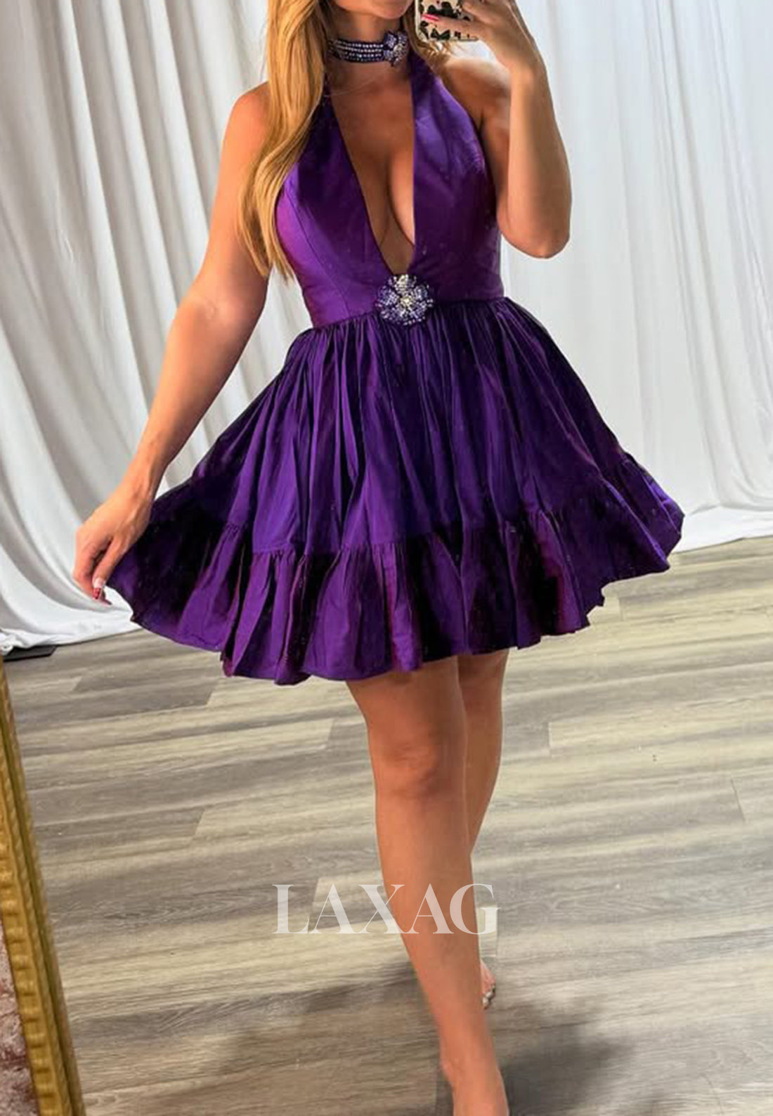 Deep V-Neck Off-Shoulder Sleeveless Beaded Pleated Satin A-Line Party Homecoming Dress