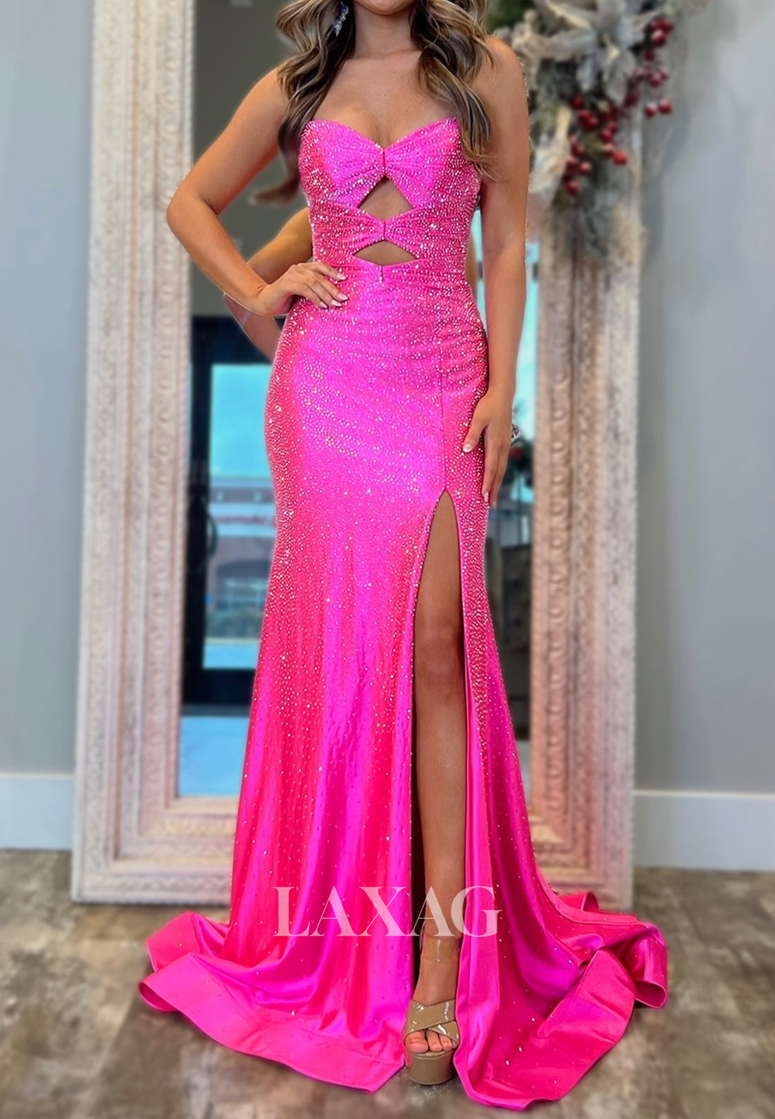 Sweetheart Off-Shoulder Sleeveless Mermaid Prom Dress Fully Beaded Pleated High Slit Formal Gowns