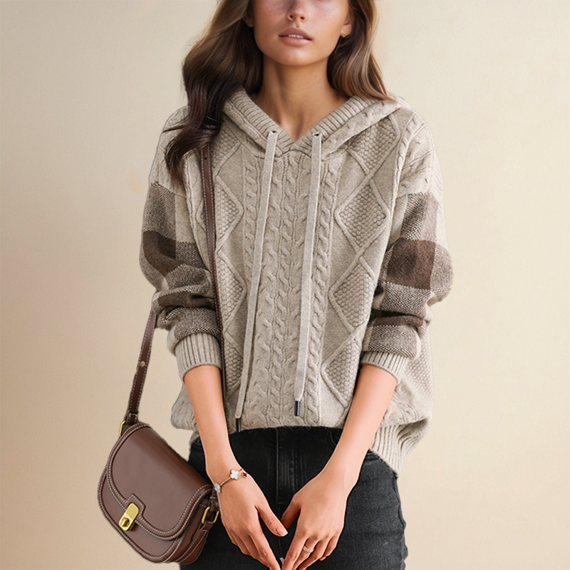 Hooded Cable Knit Drawstring Sweater