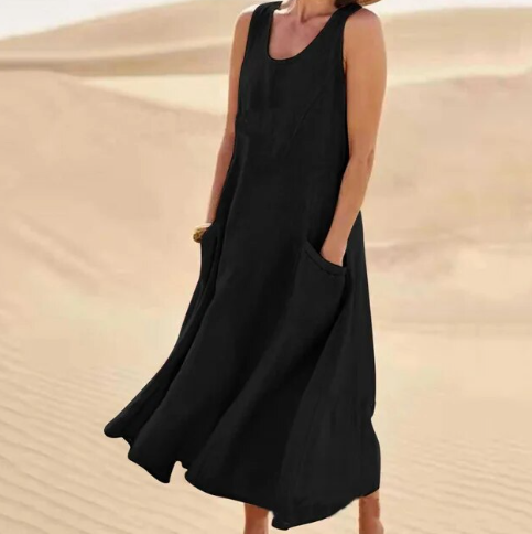 Scoop Neck Wide Strap Patch Pocket Diagonal Seam Relaxed A-Line Midi Dress