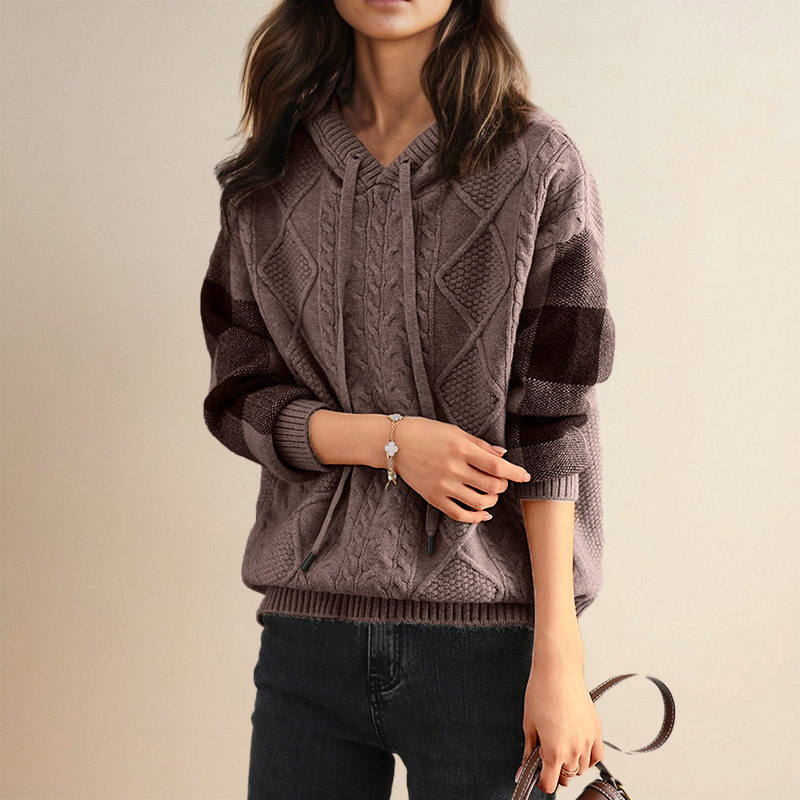 Hooded Cable Knit Drawstring Sweater