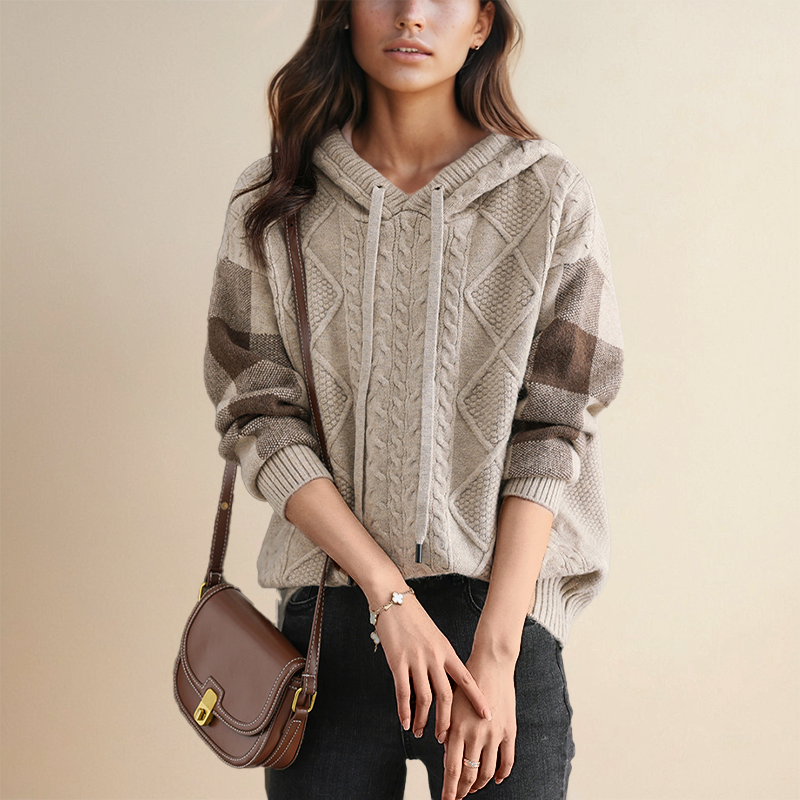 Hooded Cable Knit Drawstring Sweater