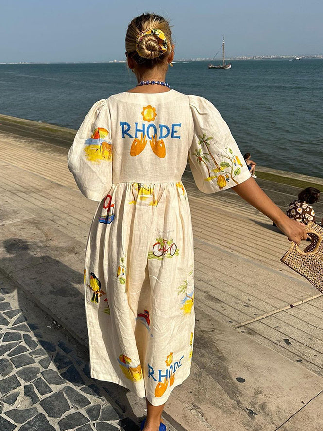 Puff Sleeve Deep V-Neck Button Front Tropical Print Midi Summer Dress