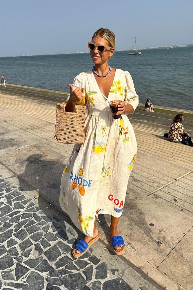 Chic Yolaina Printed Linen Midi Dress Silhouette Collection