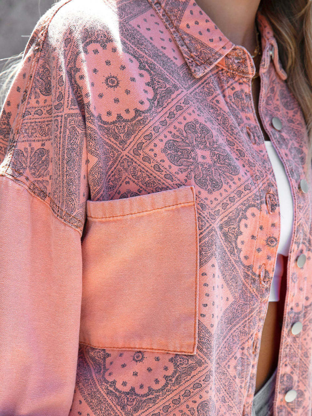 Bandana Print Frayed Hem Oversized Denim Jacket
