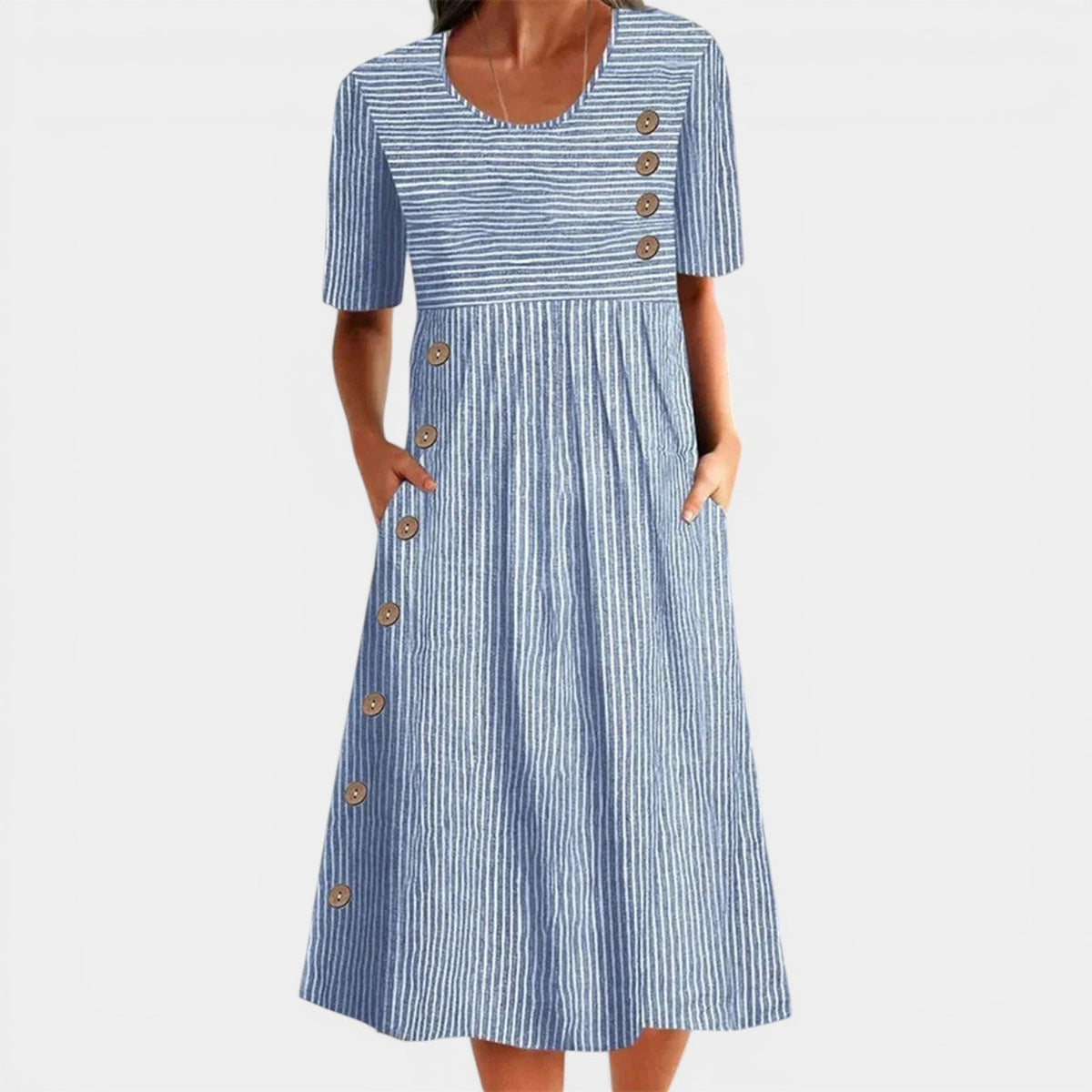 Striped Round Neck Short Sleeve Button Detail Midi Dress
