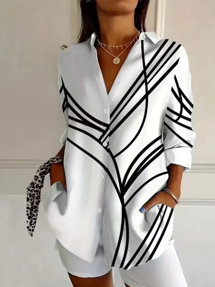 Abstract Line Print Long Sleeve Shirt and Shorts Two Piece Set