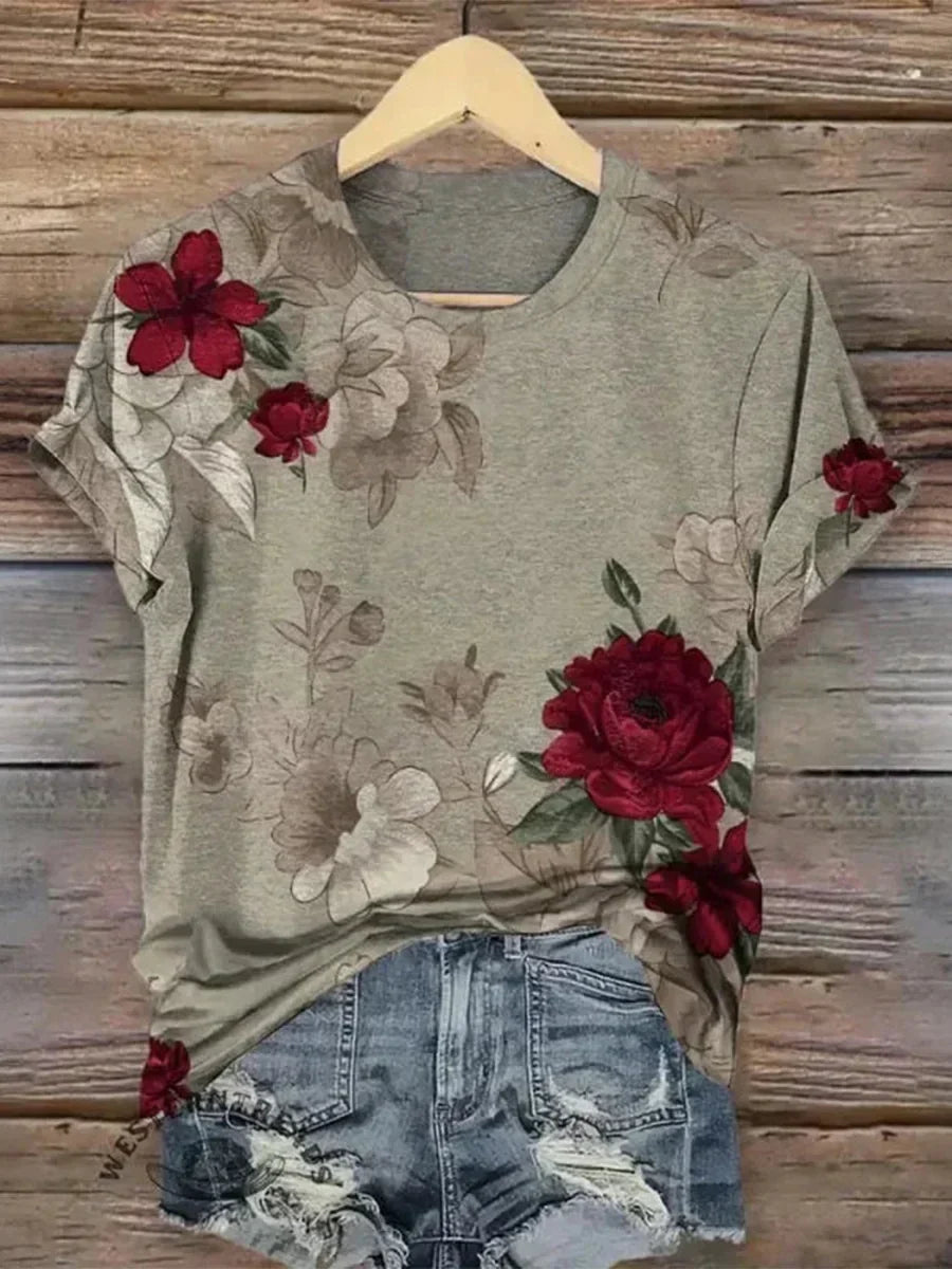 Rose Floral Print Short Sleeve Tee
