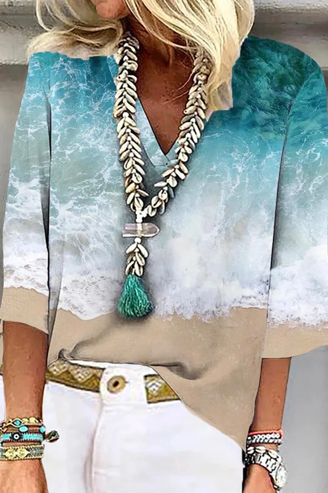 Sea Beach Print V-Neck 3/4 Sleeve Blouse