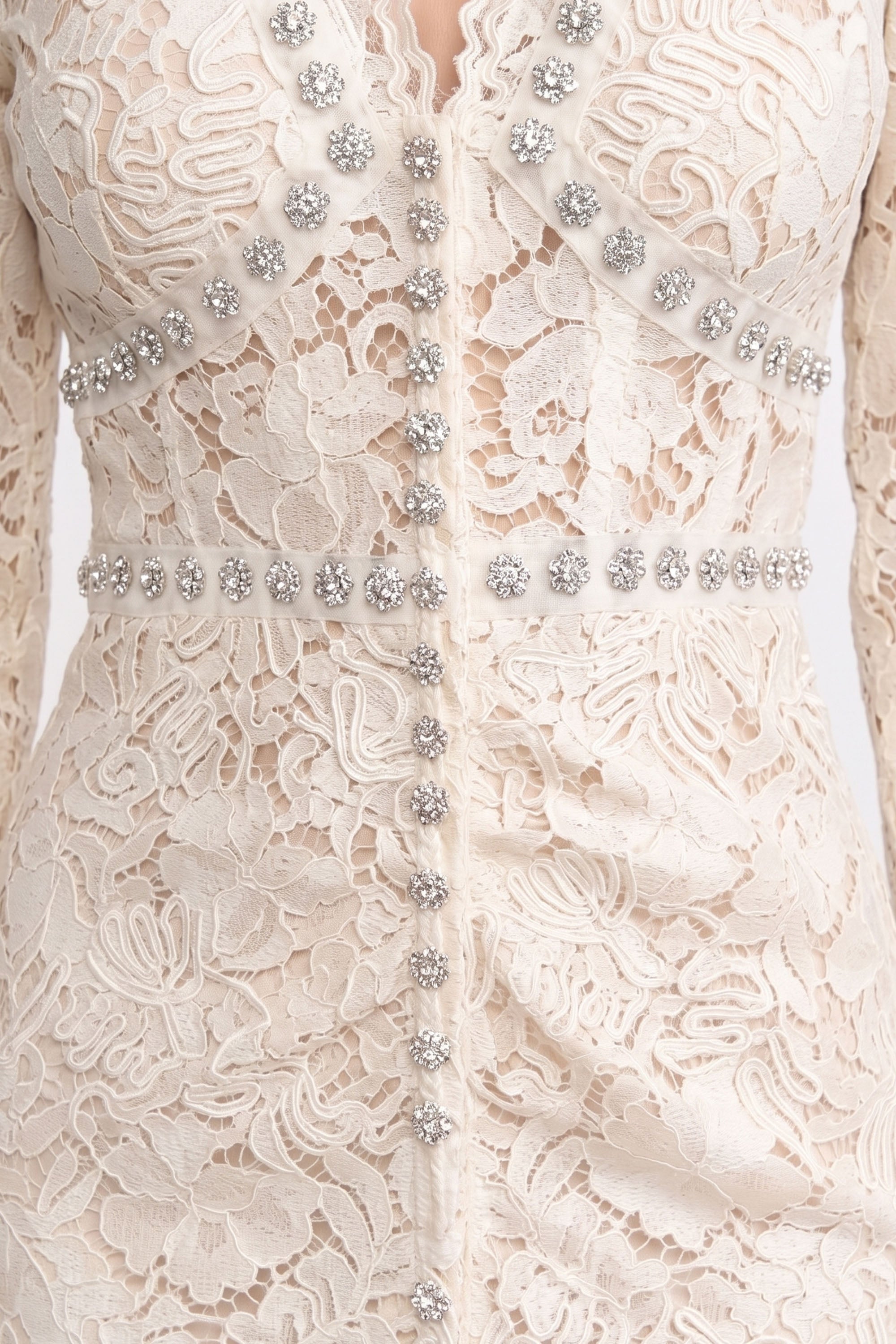 Lace Midi Dress With Crystal V-Neckline And Ruched Front Detail - Ivoire