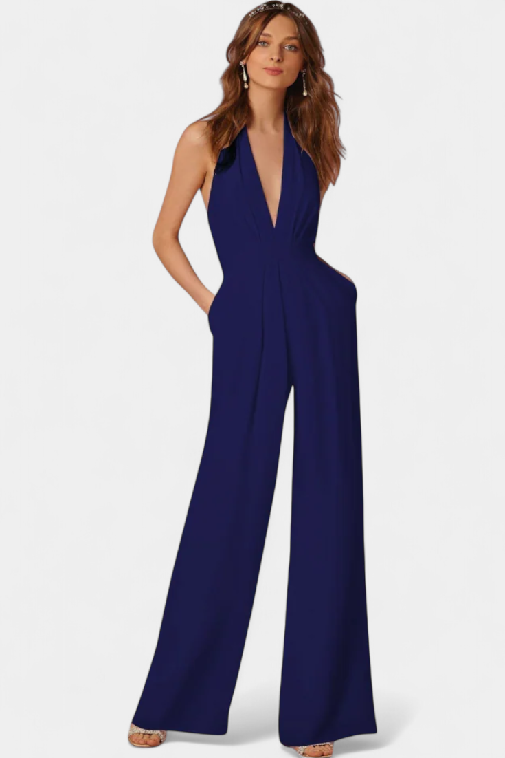 Deep V-Neck Halter Wide Leg Jumpsuit