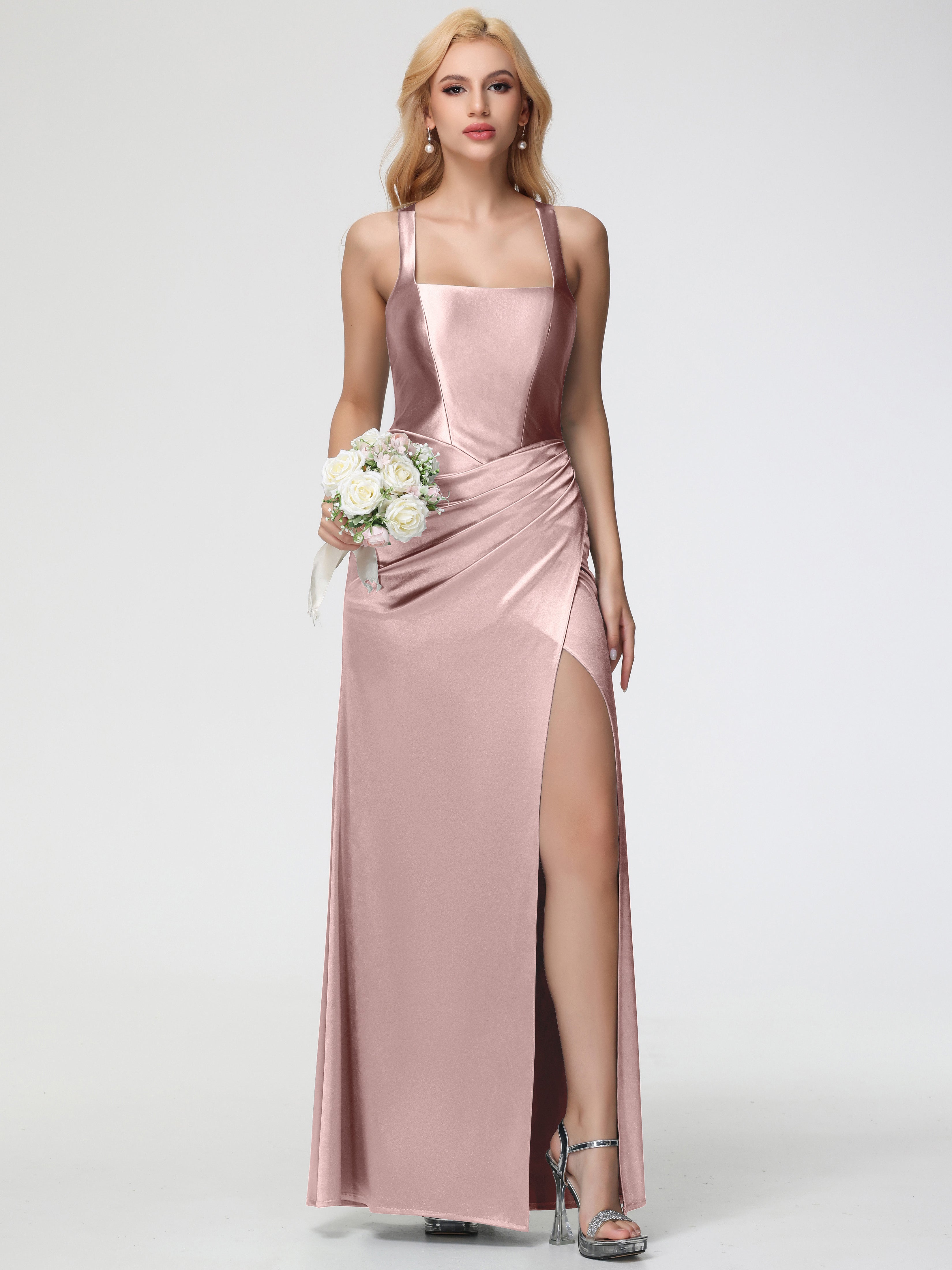 Dusty Rose Formal Dresses Straps Ruched Floor Length Sheath Formal Dress With Slit