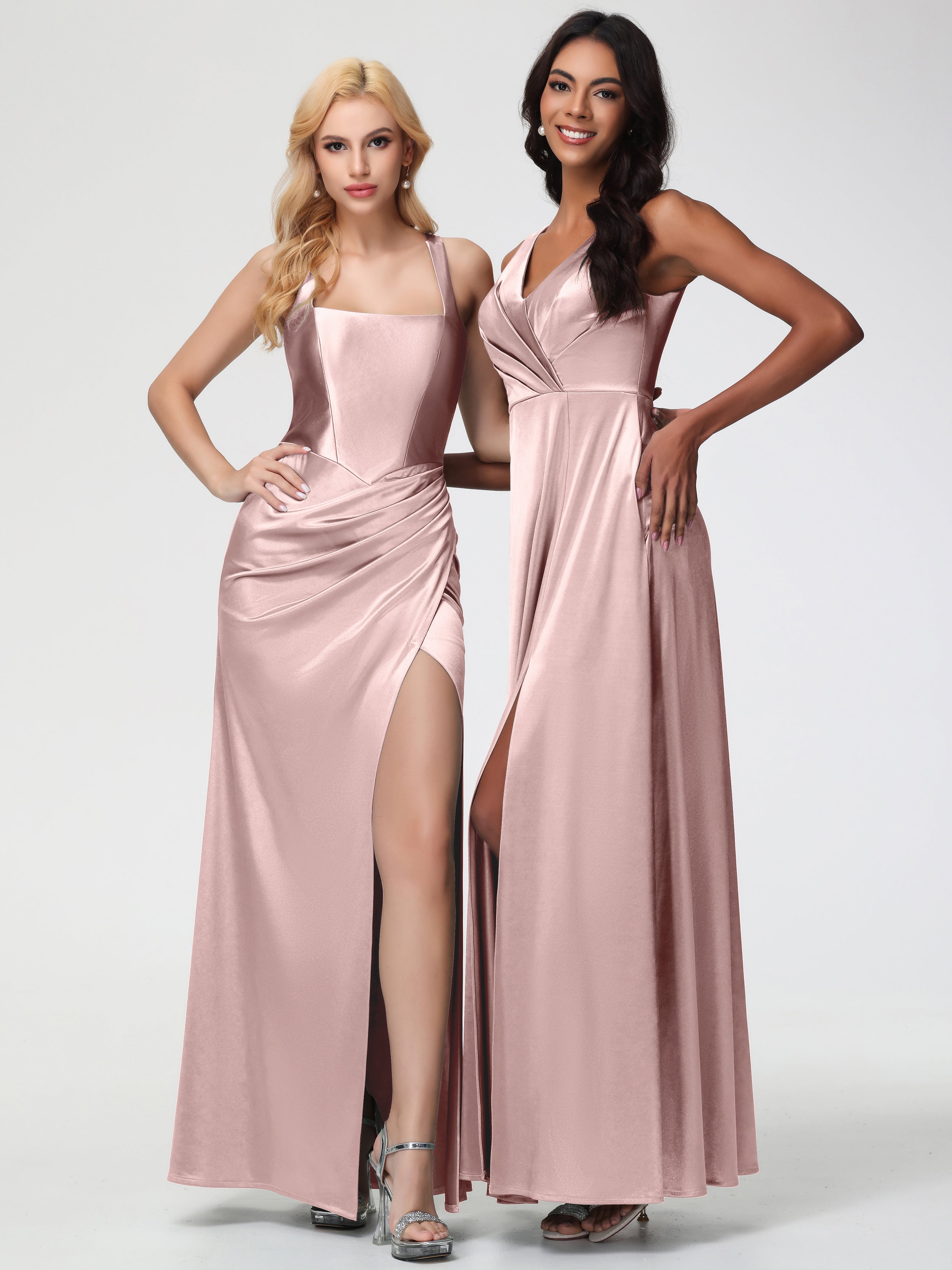 Dusty Rose Formal Dresses Straps Ruched Floor Length Sheath Formal Dress With Slit