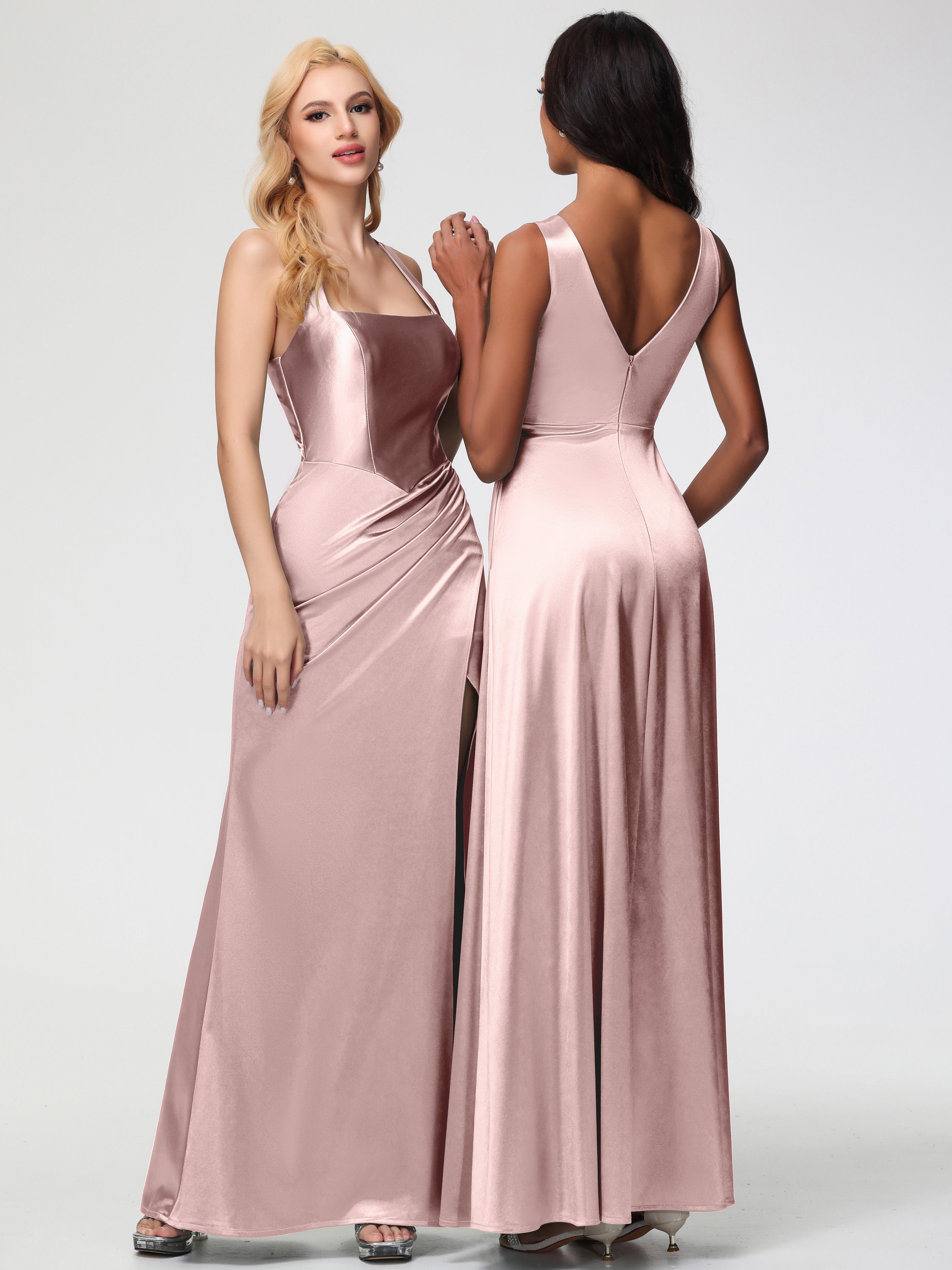 Dusty Rose Formal Dresses Straps Ruched Floor Length Sheath Formal Dress With Slit